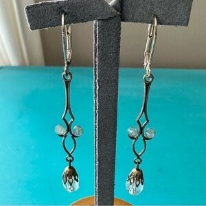 Dainty 2.75 Inch Long Drop Boho Victorian Bronze Tone Clear and Green Earrings